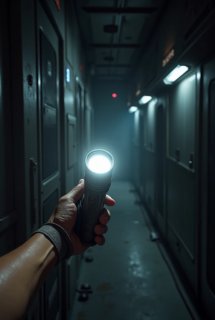 Spaceship internal view, FIRST PERSON PERSPECTIVE CREWMAN, only one arm appears holding a flashlight, 2 doors in front of you