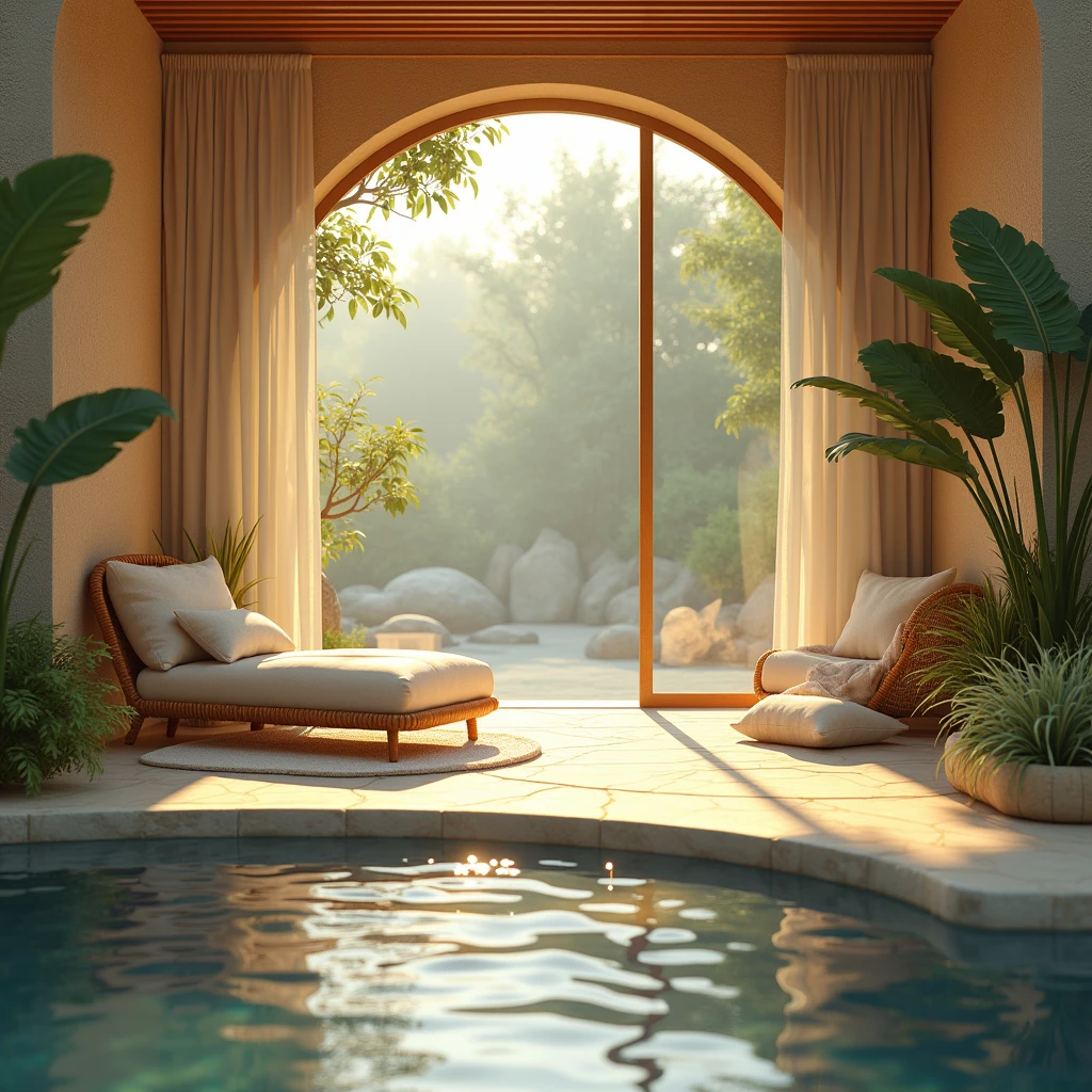 A serene and tranquil setting designed for ultimate relaxation. Imagine a peaceful retreat, such as a secluded garden, a calming beach, or a cozy lounge area. The environment is bathed in soft, natural light, either from the golden hues of a setting sun or the gentle glow of ambient lighting. Comfortable, plush seating, like a hammock, lounge chair, or cushioned bench, invites you to unwind. Surrounding elements include soothing natural features like a gently flowing water fountain, lush greenery, or soft, rolling waves. The overall ambiance is quiet and calming, with minimal distractions, creating a perfect sanctuary for relaxation and mindfulness