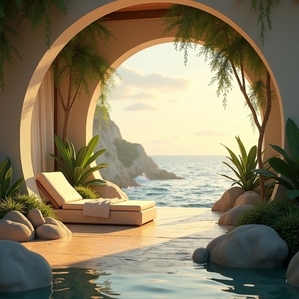 A serene and tranquil setting designed for ultimate relaxation. Imagine a peaceful retreat, such as a secluded garden, a calming beach, or a cozy lounge area. The environment is bathed in soft, natural light, either from the golden hues of a setting sun or the gentle glow of ambient lighting. Comfortable, plush seating, like a hammock, lounge chair, or cushioned bench, invites you to unwind. Surrounding elements include soothing natural features like a gently flowing water fountain, lush greenery, or soft, rolling waves. The overall ambiance is quiet and calming, with minimal distractions, creating a perfect sanctuary for relaxation and mindfulness