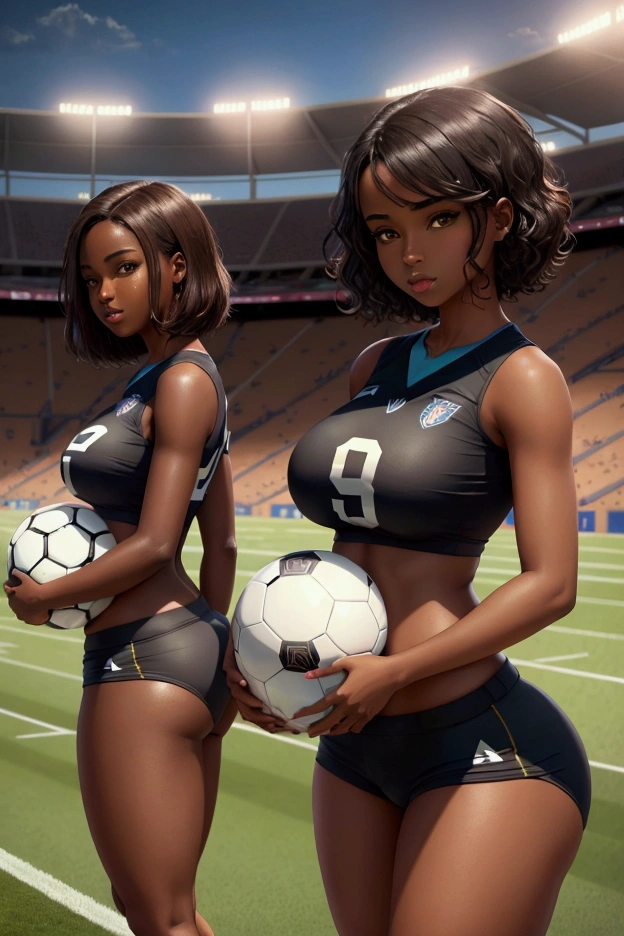 brunettes dark skin in a football stadium football clothes athletic bodies thin big breasts big buttocks short hair. soccer ball 