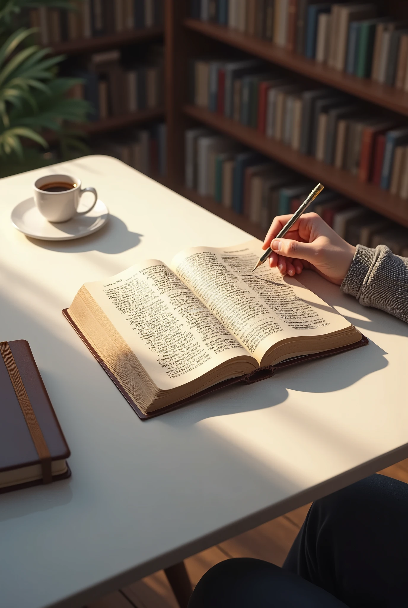 Open bible centered on white desk with hand holding a pencil and notebook next to it, in a library, study attitude, semi-aerial view, without coffee and without ring
