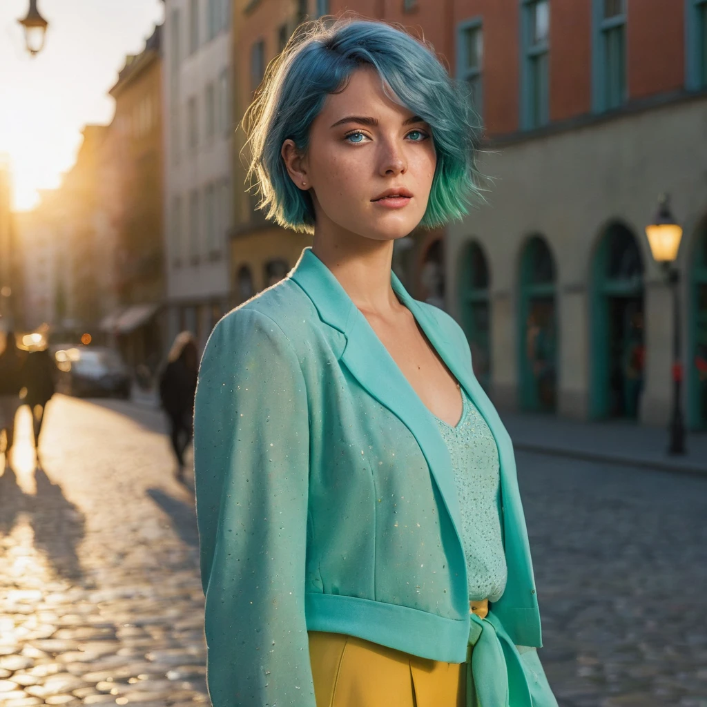 (((Woman, 20 Years Old, Nordic Ethnicity, short blue hair, perfect face, light freckles, Blue-Green Eyes))), (((standing confidently in a city square during sunset, full body visible))). ((Wearing a stylish, elegant outfit that flows naturally with the breeze, capturing the golden hues of the sunset)). ((Soft breeze gently moving her hair and clothing)). (((Sunset lighting casting a warm, golden glow on her entire figure, creating long shadows on the cobblestone square))). (Background includes elements of the city square, such as historic buildings, street lamps, and scattered people in soft focus, all bathed in the warm light of the setting sun)). (((Color palette - turquoise, neon green, yellow shades))), (best quality, 8k, masterpiece, ultra-detailed, photorealistic, sunset lighting, sharp focus, full body).