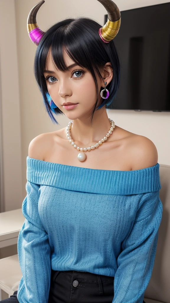 masutepiece,Best Quality, ultra res, Extremely detailed,
1girl in,Memcho multicolored hair, a blonde and a black hair, Short hair,  Blue eyes,  (:3 :1.4)
(Blue sweater, Black shirt, Shirt under sweater, off shoulder top)
pearls necklace, earrings, Horns