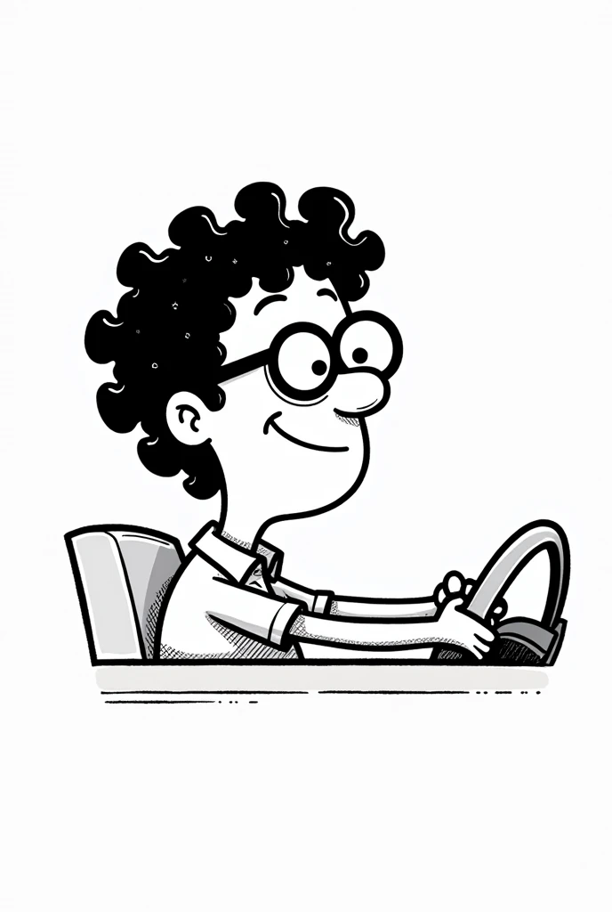 chat, using Diary of a Wimpy  as a reference, Por favor, draw a picture of a man with curly hair up to his ears driving, you can make it black and white and cheerful, Please?
can make it more similar to the protagonist of diary of a wimpy kidou can leave it in profile, Por favor?
you can make the illustration more minimalist, Por favor?
I liked! you can put glasses on him, Por favor?


