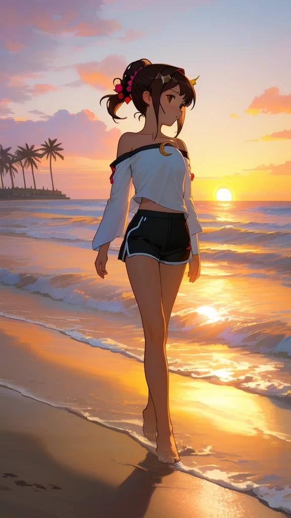 1girl, brown hair, brown eyes, hair up, crescent hair ornament, small breasts, bare shoulders, white t-shirt, sleeves, black shorts, walking on the beach, waves, palm trees, clouds, sunset, twilight