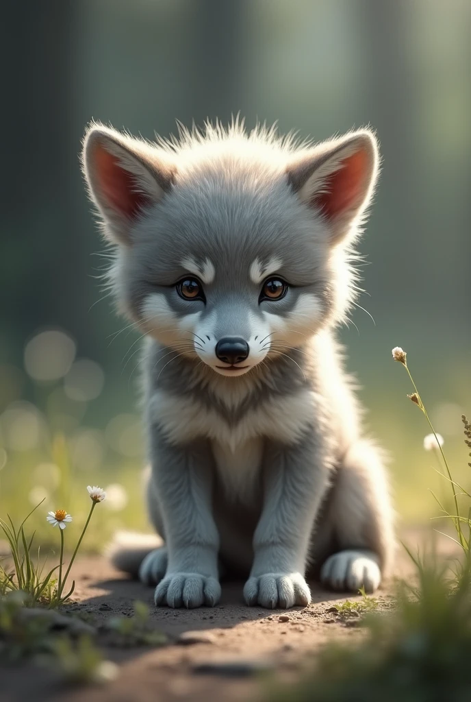 Wolf cub sitting with ears flattened