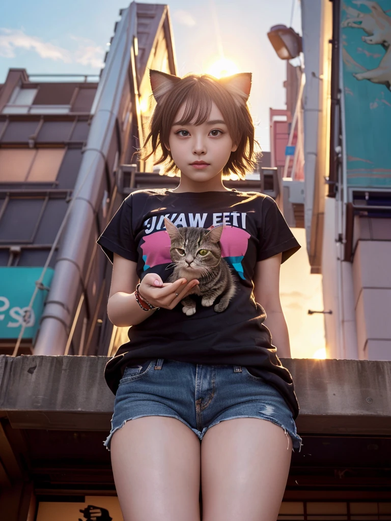 4K.High resolution. (masterpiece, Highest quality, ) ,Bokeh, girl, Beautiful light brown hair, Light brown eyes, Plump breasts, Blushed, (Cat ear:1.2), colorful t-shirt,  (Japanese Idols:1.6), Holding a cute cat,   Looking at the audience, (The background is Wall Street at sunset:1.4), (From below:1.6), Cowboy Shot