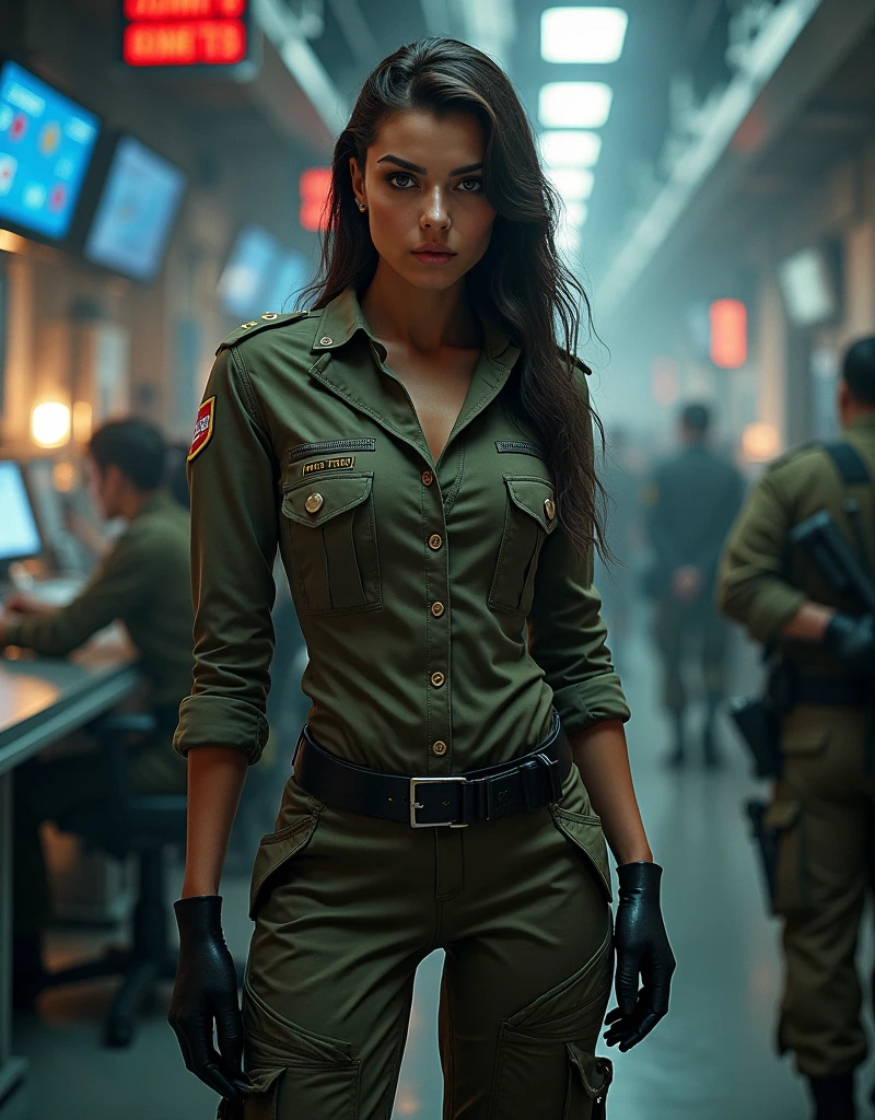 (photorealism:1.2), sexy woman soldier, military banker
