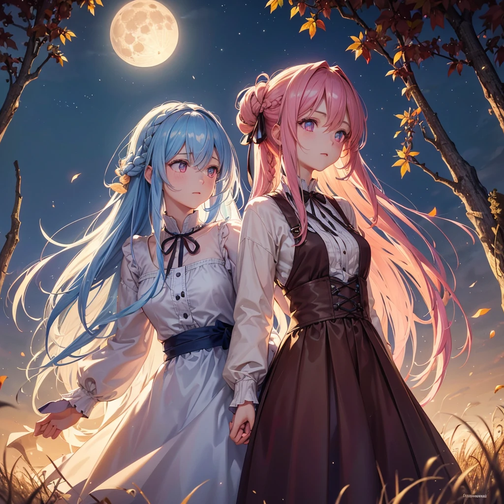 (Braiding),(Sky blue medium hair), (Pink eyes),(Fair skin)  ,(whole body),(One Girl),(harvest moon),(A large amount of Miscanthus sinensis in the background),autumn,(full moon),(masterpiece, Highest quality, Very detailed, Best Shadow), (Detailed Background), (Beautifully detailed face), High Contrast, (Best lighting, Very delicate and beautiful), ((Cinematic Light)), Hyper Detail,8k, Dramatic Light, Intricate details,Autumn leaf viewing,
