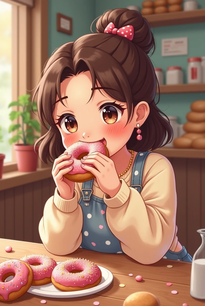 Chubby and cute girl eating donuts
