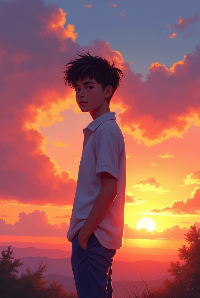 A teen boy standing on sunset, colourfull background 
