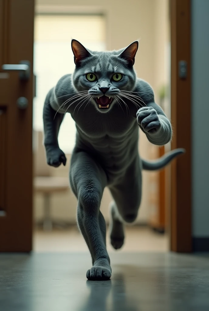 Adult Gray cat is muscular, he is like a human, his hands are like a human&#39;s. the cat in shock came out of the office at the entrance Runs 