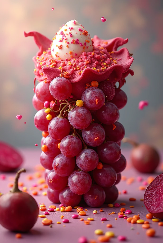 Fusion of grapes with jackfruit and beetroot with red cheese and colored sprinkles