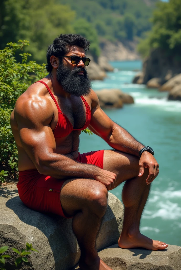 There is a strong, hairy, bearded mixed race man in a red bikini with sunglasses on his face lying on a rock sunbathing next to a river.