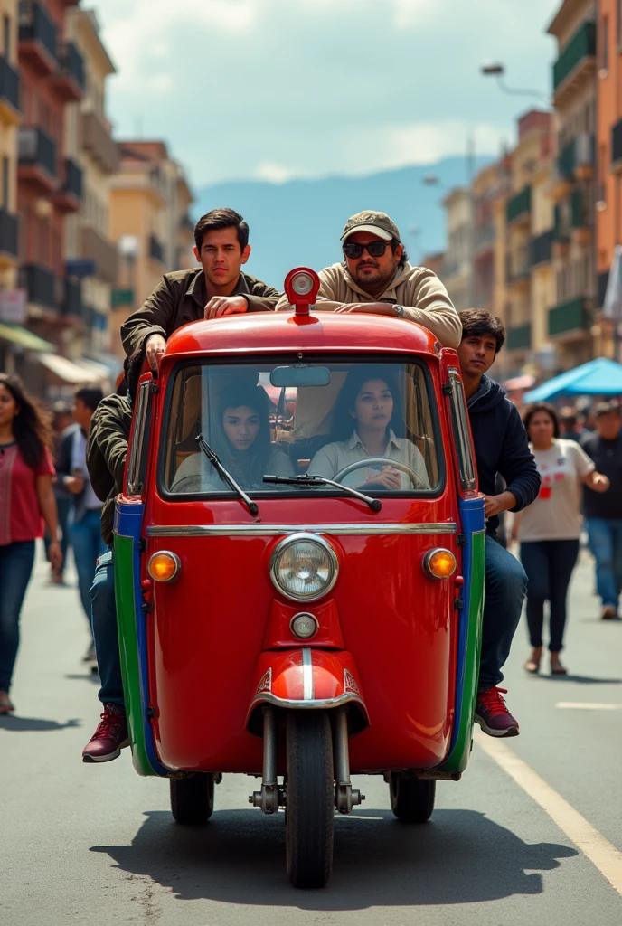 Micro brand inter red color with blue and green side stripes driven by a sloppy guy with a cap and full of passengers in La Paz Bolivia 