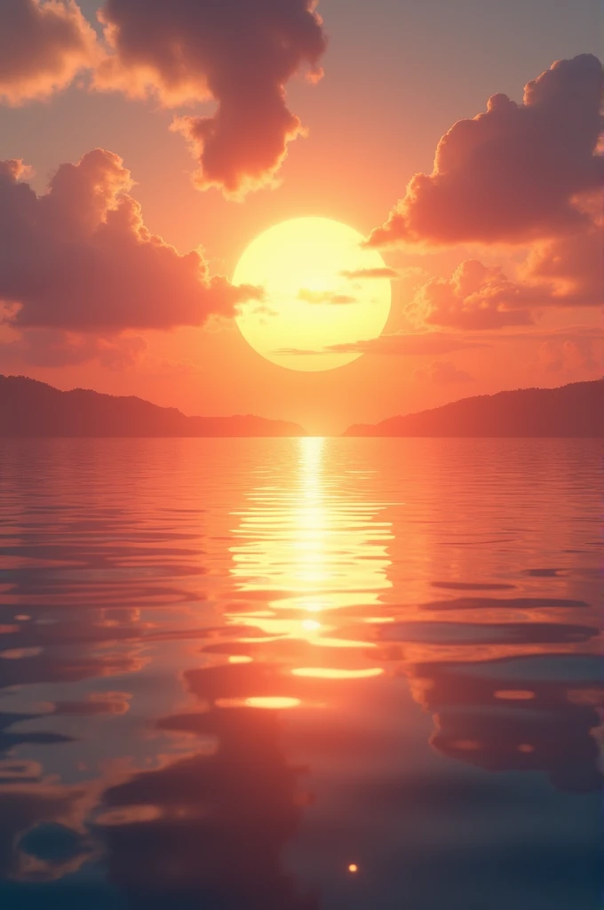 I would like to create a beautiful sunset, Orange so beautiful as the strong sun is reflected with the water and its beautiful clouds with totally calm waves