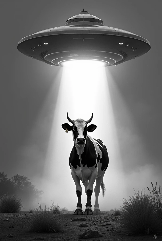 Alien spaceship abducting a black and white cow