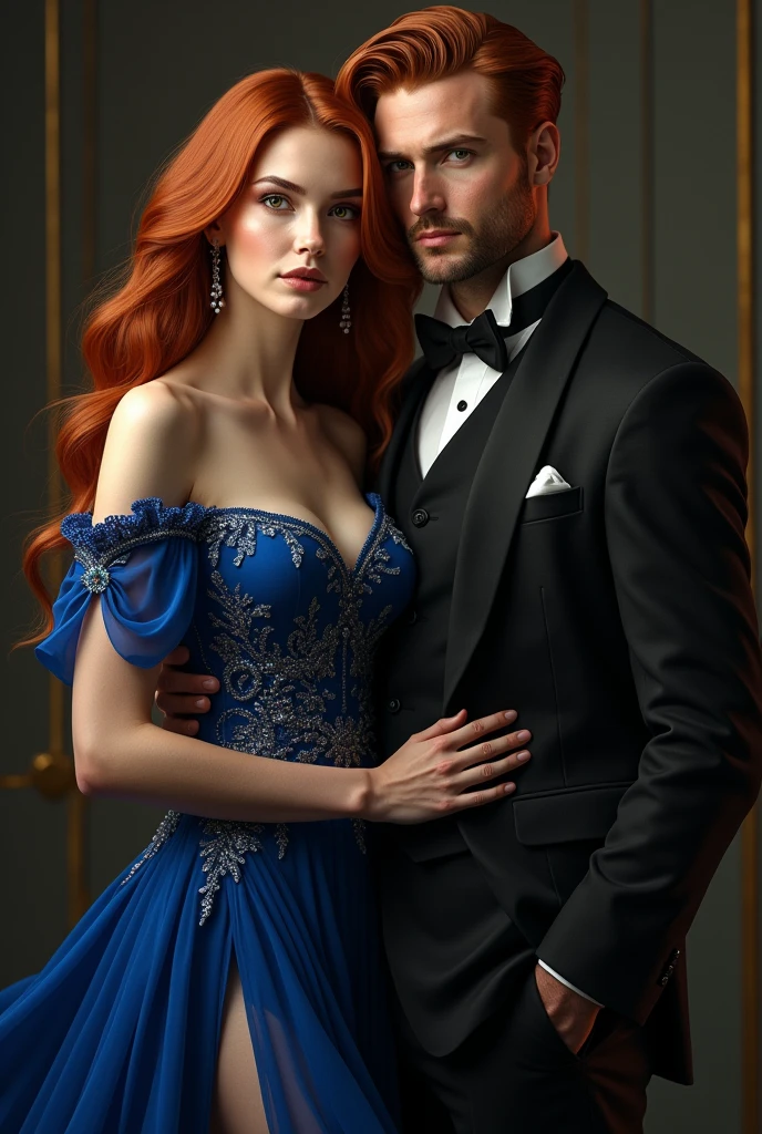 A beautiful red-haired woman with long brown hair and eyes and very fair skin, with 1,67 tall, dressed in a royal blue dress with a slit up the leg. Beside him is a handsome man,00 high. He has red hair and green eyes and has a thin beard.. The man is wearing a black three-piece suit.