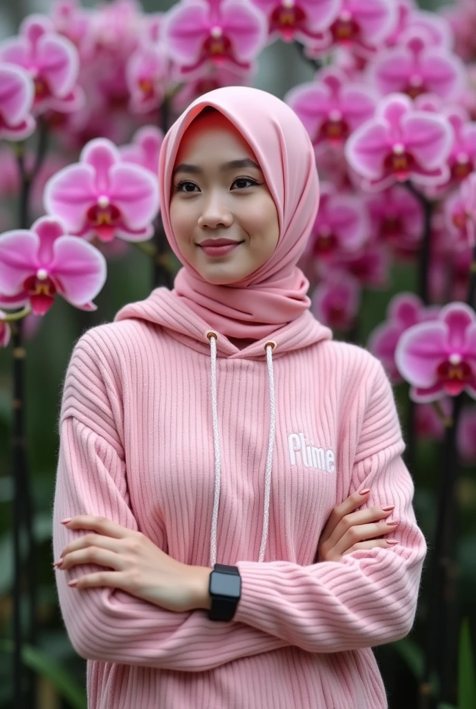 a beautiful Indonesian woman, smooth white skin, well-groomed face,wearing pink hijab, panjang, slow motion,wearing a pink knitted hoodie with a name logo (feel ) celana kargo hitam slow motion Banyak kantong nya,black watch, white shoes, posing standing next to pink orchid flowers, which flowers beautifully and thickly. The background of the beautiful orchid flower garden is very amazing .Realistic original photo 