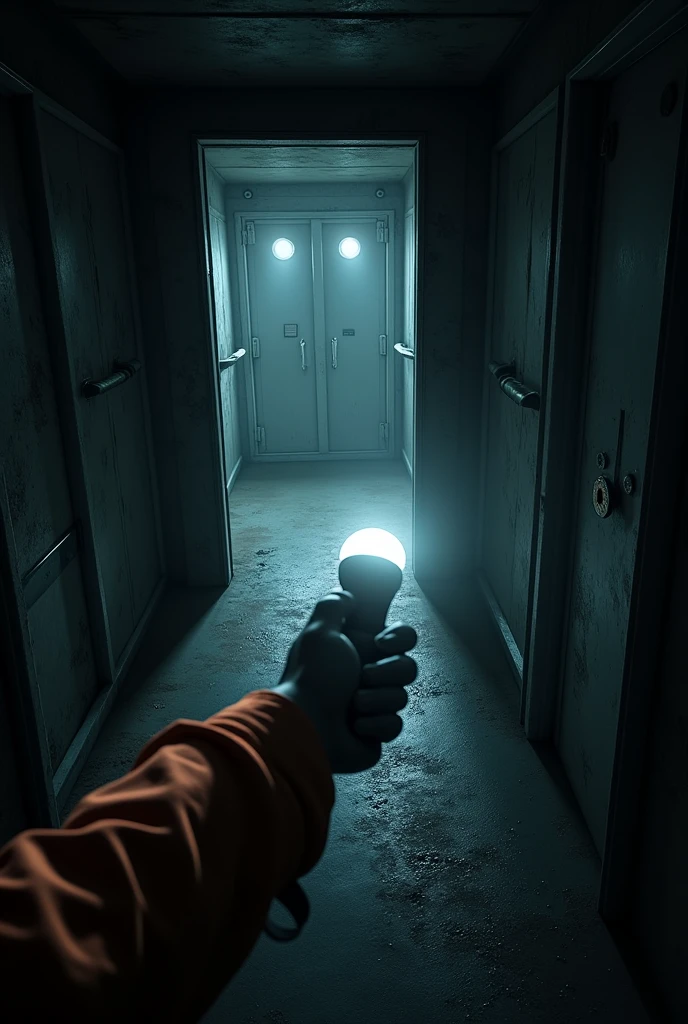 Spaceship internal view, FIRST PERSON PERSPECTIVE CREWMAN, only one arm appears holding a flashlight illuminating the front, 2 doors in front of you