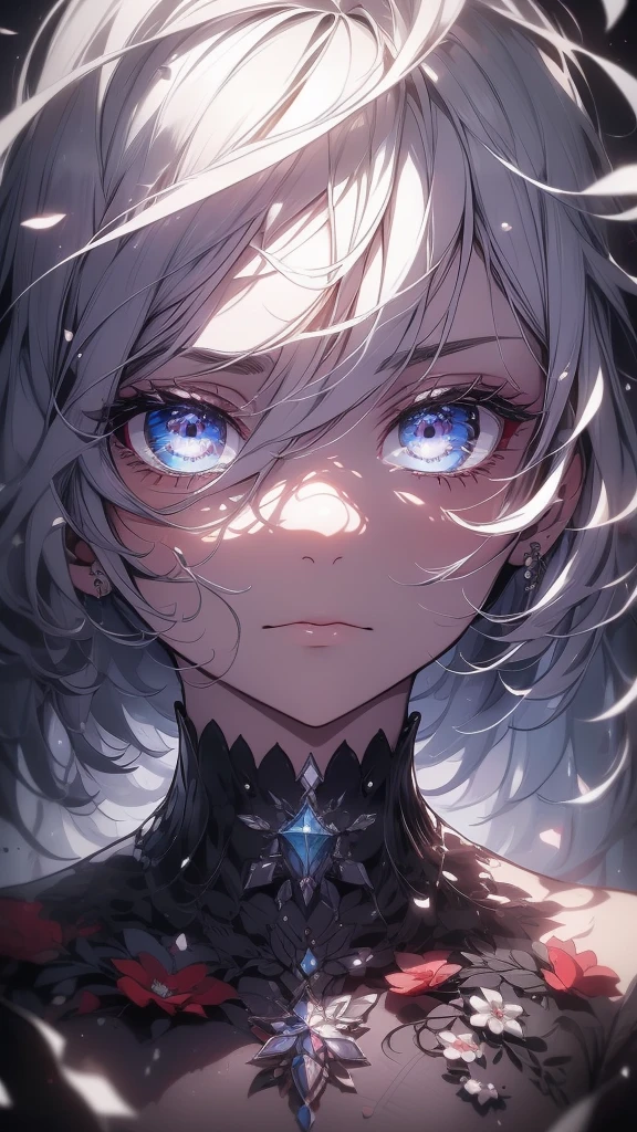 ((8k resolution))、((Highest quality))、((masterpiece))、((Very detailed))((((dramatic))), (((Rough feeling))), (((intense)))Focus on the face、tattoo、Clear Shadows、Vibrant, front,flower々background、Rich colors,Be confident,coil,scene,Boldness,to attract attention,Smart、tendency、I focus,Gray Hair,Short Bob