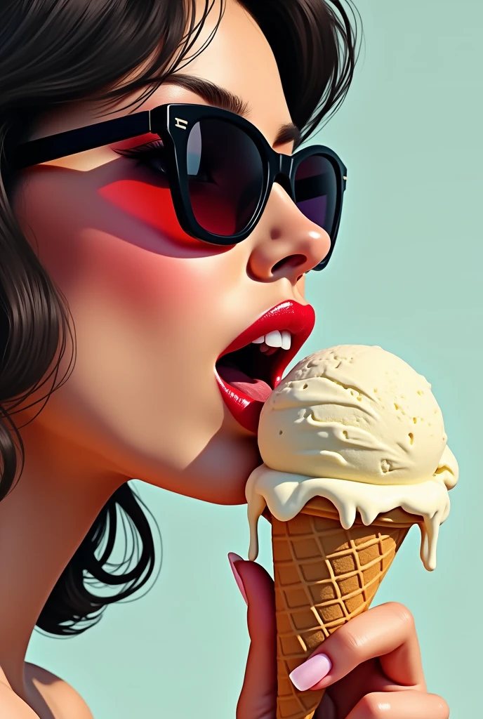 Sexy woman mouth licking ice cream ball. Ice cream runs down the corners of the mouth. focus on mouth. View from the side. Abstract Style Add Sunglasses