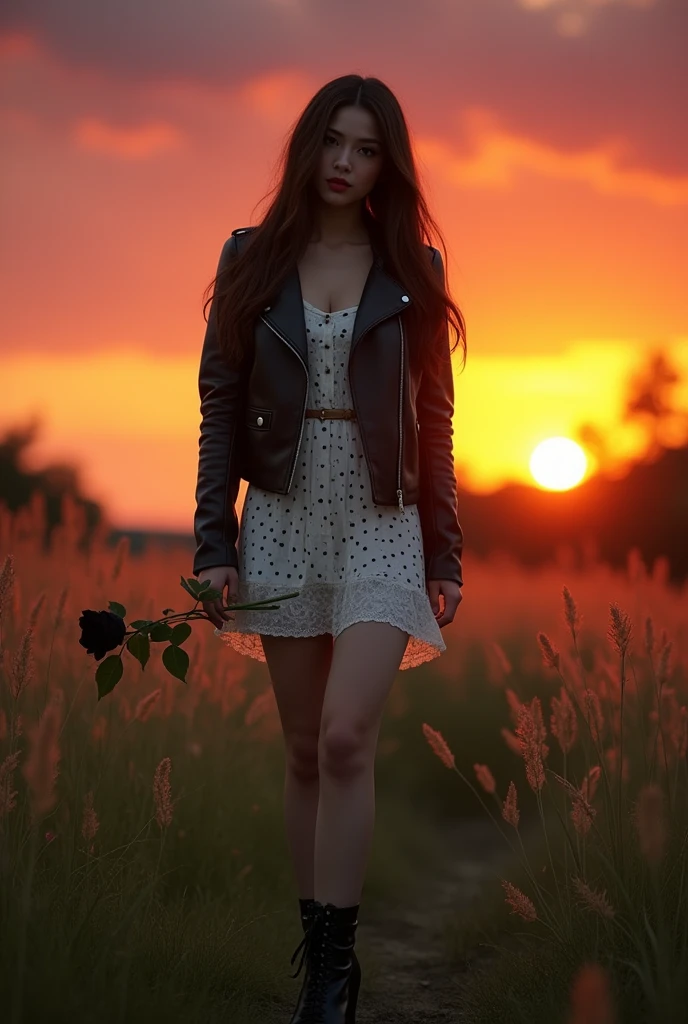 cinematic (solo) a 3 Asian woman, curvy body, long brown hair, wearing a black leather jacket, white polka dot dress, black boots, posing holding a black rose, standing in the middle of the grass, sunset, cinematic