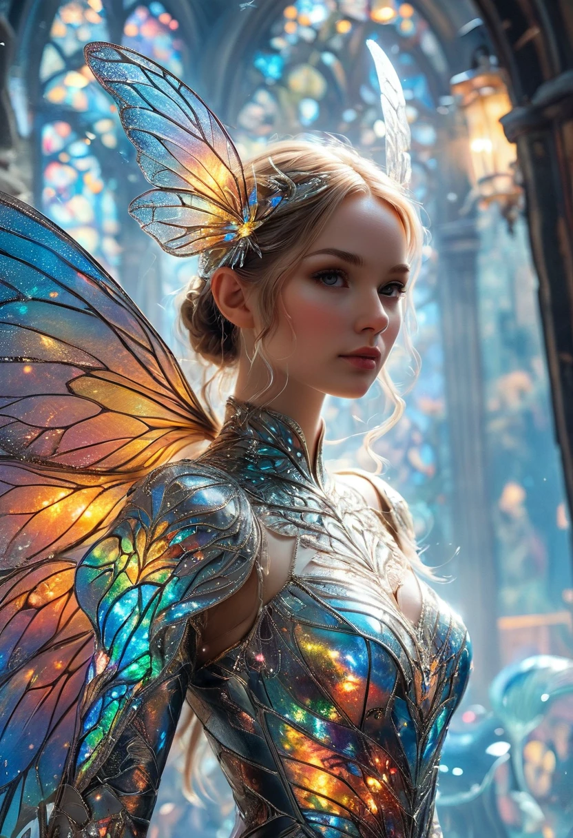 In a decaying metropolis, a retro-futuristic fairy shines in opulent, half-length grandeur. Imagine her in a detailed digital painting, her metallic wings reflecting neon lights in a mesmerizing display. Her delicate armor adorned with shimmering silver and gold, intricate circuitry patterns intertwined with delicate lace embroidery. The image exudes a sense of timeless elegance, capturing a seamless blend of past and future in a single captivating moment.