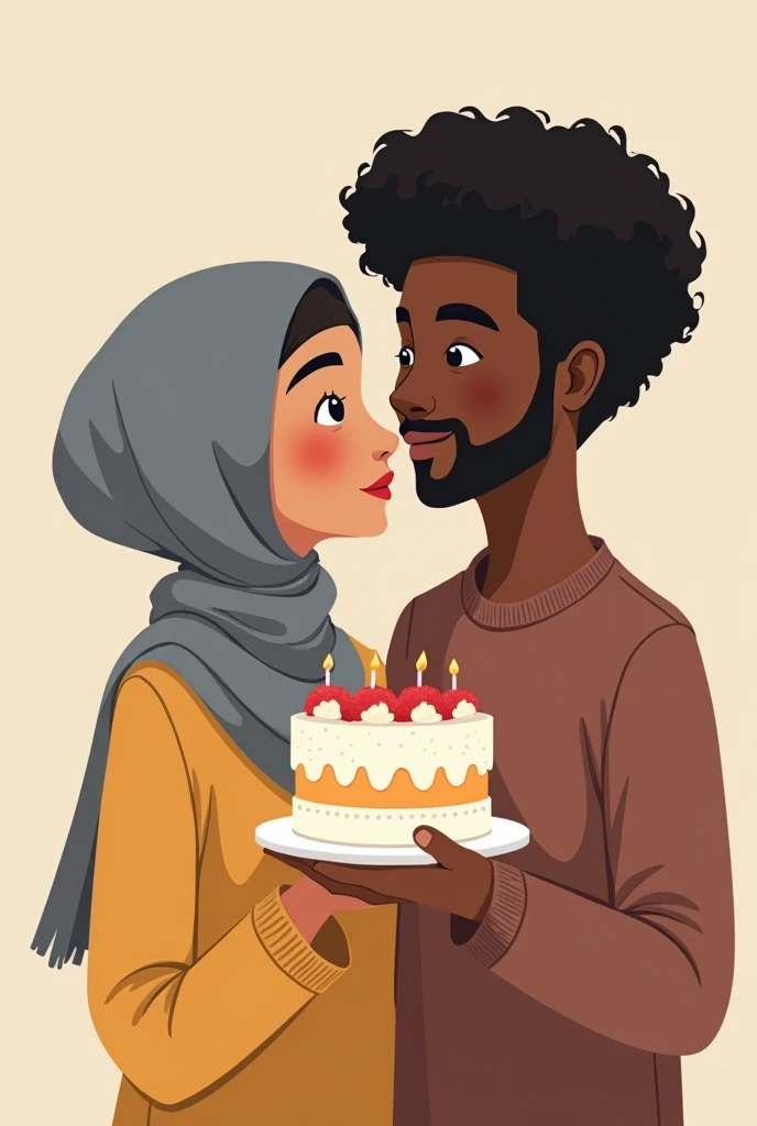drawing of a cake, with a young couple with a slight smile where the woman is white with straight black hair and the man is black with curly black hair, as if it were a cartoon, the boy can't have a beard and the girl wearing grey hijab. the drawing has to be animated but a little realistic, the couple has to be leaning against each other and holding the cake smiling, nothing too childish. the couple has to look like they are . the boy's hair is curly and defined, while the girl has happy facial expressions but not too much, just a slight smile 
