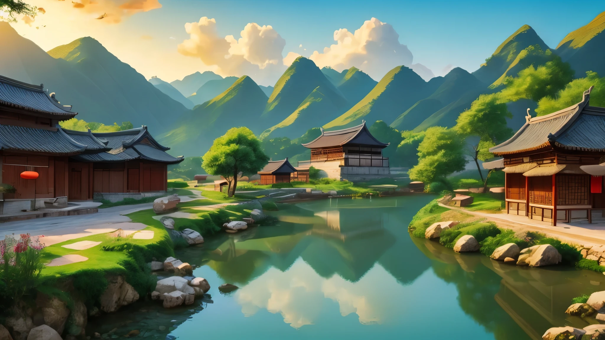 Chinese landscape painting,quaint village,Depicting an ancient village,Quiet pastoral scenery, 9:16,HD
