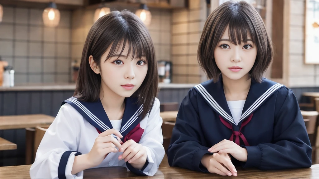 One Girl, (Highest quality:1.4), (Very detailed), (Very detailed美しい顔), 爽やかな日本のSailor suit, Great face and eyes, iris,Medium Hair, Black Hair, (Sailor suit, school uniform:1.2), (Inside the cafe), Smooth, Very detailed CG 統合 8k 壁紙, High-resolution RAW color photos, Professional photography, Light, BackLight, dream-like, impressive, Written boundary depth, Inside the cafeで撮影