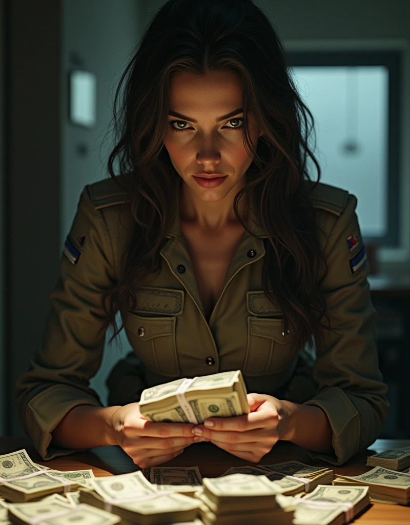 (Photorealism:1.2), sexy woman soldier, She is counting a lot of money..