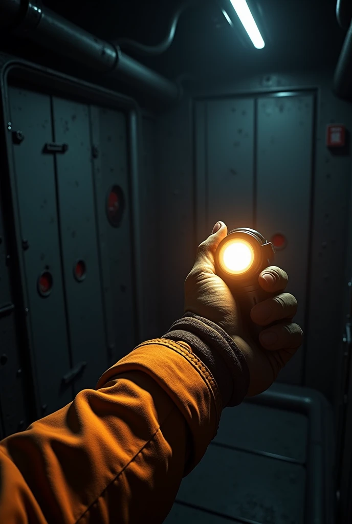 Spaceship internal view, FIRST PERSON PERSPECTIVE CREWMAN, only one arm appears holding a flashlight illuminating the front, two doors in front of you