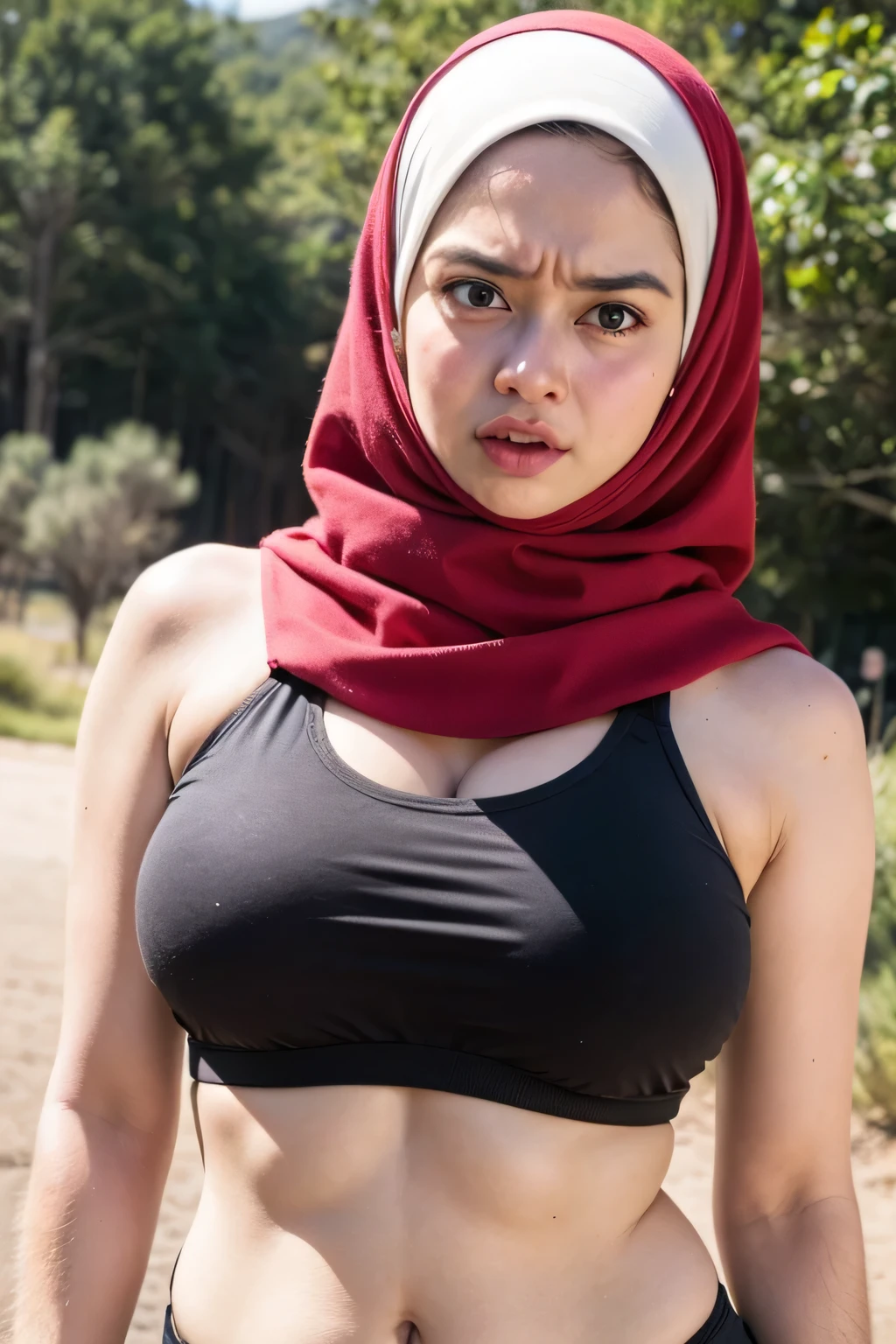 ((ANGRY FACE EXPRESSION:1.4)), SET BACK IN THE DESERT FOREST, (Naked SEXY brown Hole Sports Bra), Chubby adorable, 1 girl, (face to face), ((baby face)), SADNESS, half body portrait, (face details: 1), (eye details: 1), ((biggest breasts:1.5)). wearing transparent transparency soft soft, ((hijab)), .. Cute posed. proportional body. Ultra High Res. realistic: 1.4, UHD,