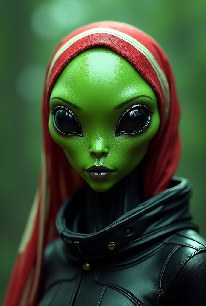 A highly detailed. Wear red white shawl stripe hijab. , photorealistic portrait of an alien humanoid with a green face, no nose, a square jawline, a cube-shaped head, and a square robot face, wearing a black spacesuit, ((best quality,4k,8k,highres,masterpiece:1.2),ultra-detailed,(realistic,photorealistic,photo-realistic:1.37)),sci-fi,concept art,hyperrealistic,intricate,complex,highly detailed features,chiaroscuro lighting,dramatic lighting,moody lighting,cinematic atmosphere,surreal,digital painting. Bokeh green background. 