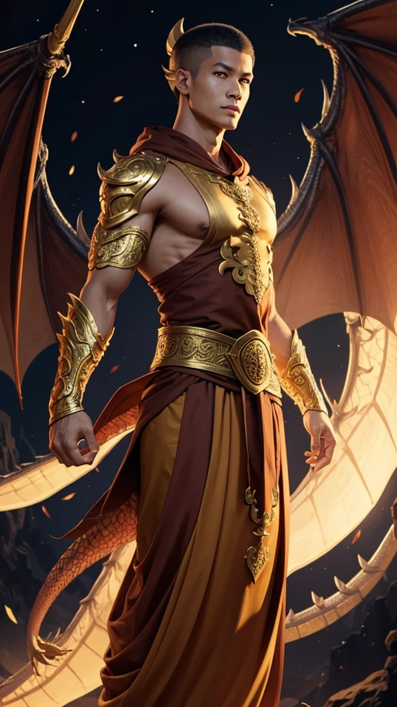 A human-dragon hybrid who is a monk and golden and has no wings.