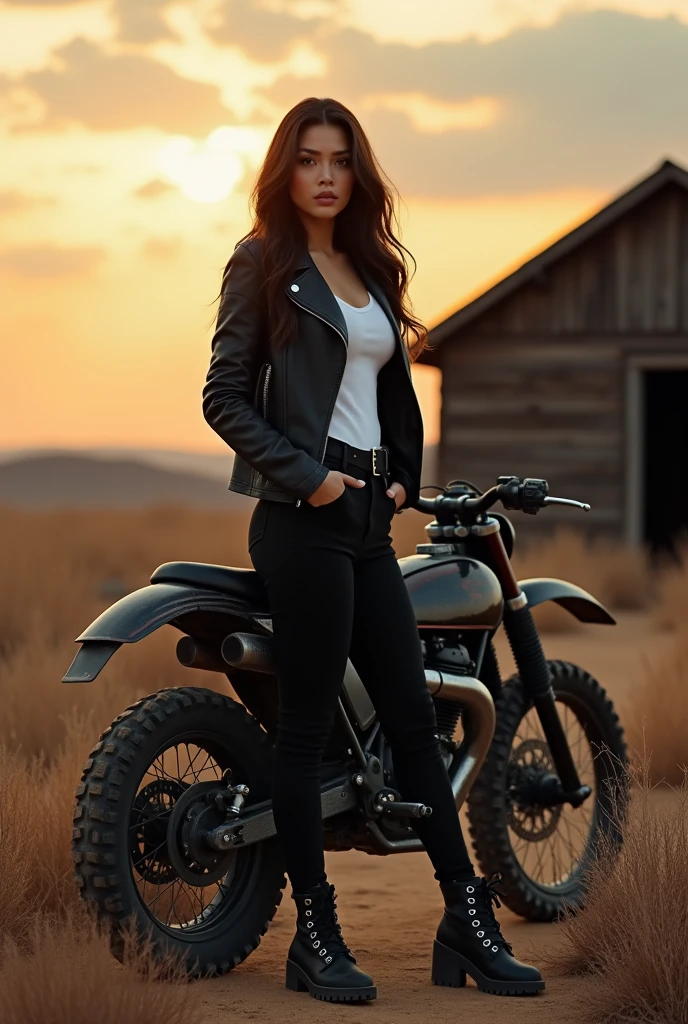 cinematic (solo) a 3 Asian woman, with a curvy body, long brown hair, wearing a black leather jacket, white t-shirt, black pants, boots, standing with her back on a trail motorbike, against the backdrop of dry land, dry weeds, an old house made of wood, a bright twilight sky.
