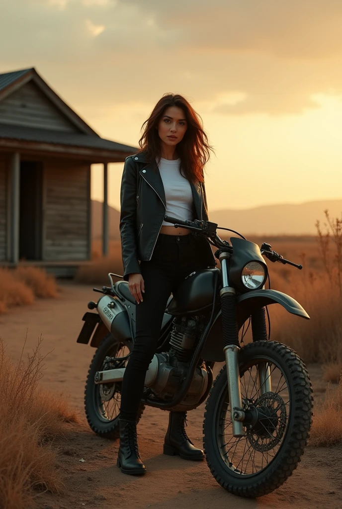 cinematic (solo) a 3 Asian woman, with a curvy body, long brown hair, wearing a black leather jacket, white t-shirt, black pants, boots, standing with her back on a trail motorbike, against the backdrop of dry land, dry weeds, an old house made of wood, a bright twilight sky.