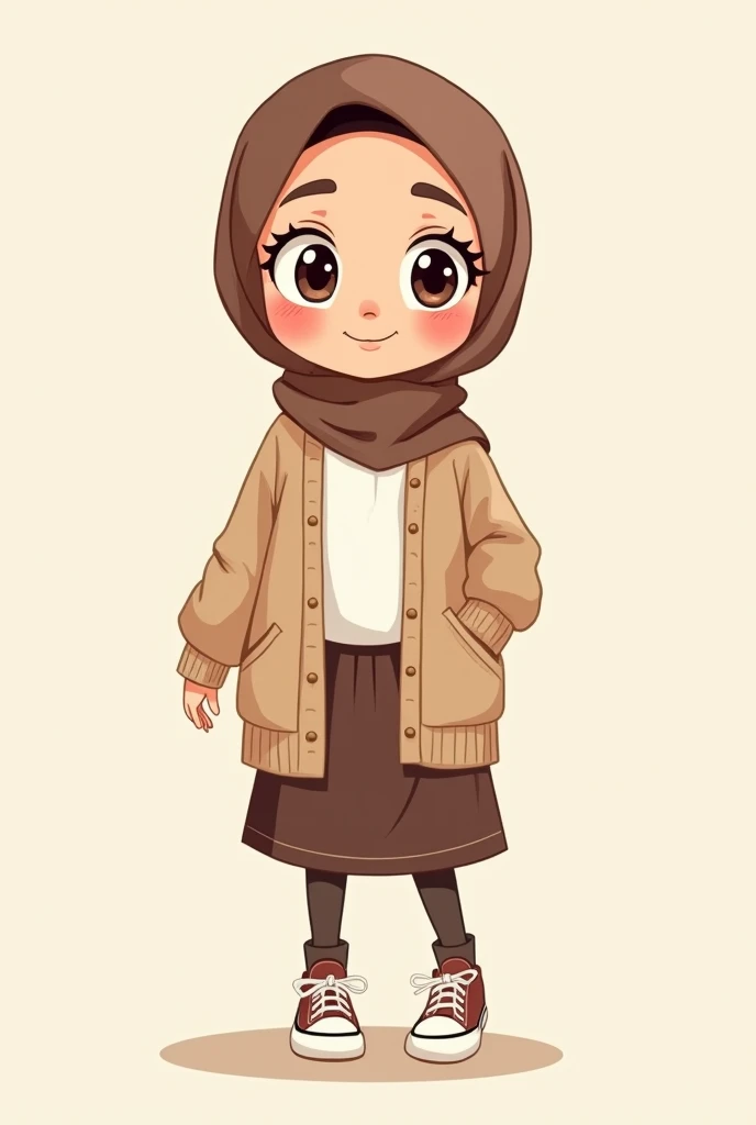 Cartoon with text: 
(Masterpiece, best quality, 4k, expressive eyes, perfect face), cute and adorable girl, little cartoon girl, (beautiful face, detailed eyes), wearing brown hijab, (flat style,, hand drawn style, 2d style, Cartoon artstyle, toon style), (oversized beige cardigan, white shirt, brown skirt, brown socks, air force sneakers), (full body view, funny pose)