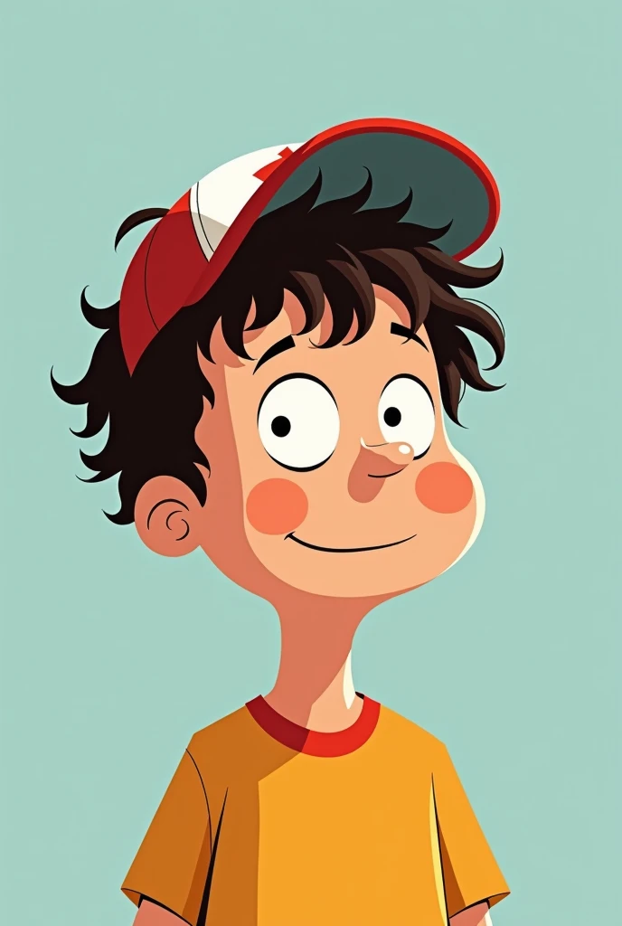 chat, using Diary of a Wimpy Kid as a reference, Por favor, draw a picture of a boy wearing a cap, turned 180º with curly hair left over from the cap