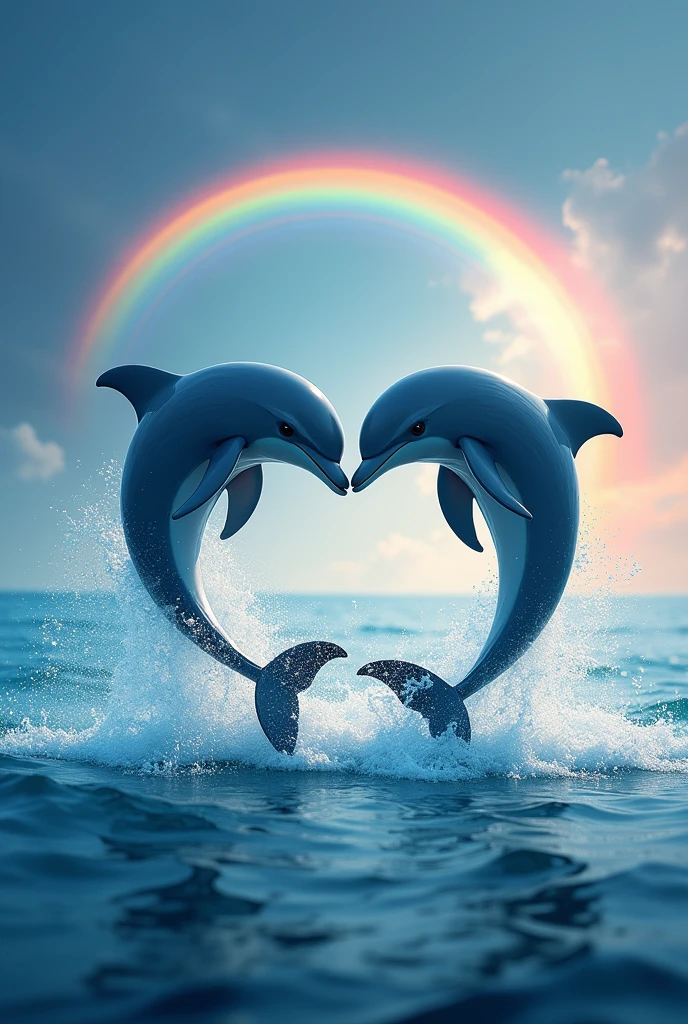 Dolphins jumping out of the water forming a heart shape, With a rainbow in the background 