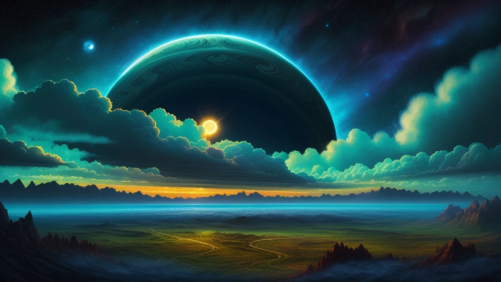 illustration of jupiter clouds by dan mumford, alien landscape and vegetation, epic scene, a lot of swirling clouds, high exposure, highly detailed, realistic, vibrant blue tinted colors, uhd