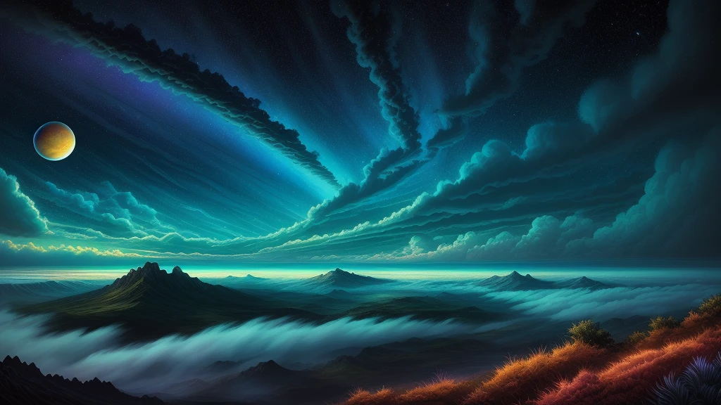 illustration of jupiter clouds by dan mumford, alien landscape and vegetation, epic scene, a lot of swirling clouds, high exposure, highly detailed, realistic, vibrant blue tinted colors, uhd
