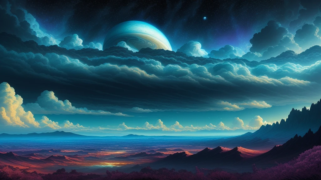 illustration of jupiter clouds by dan mumford, alien landscape and vegetation, epic scene, a lot of swirling clouds, high exposure, highly detailed, realistic, vibrant blue tinted colors, uhd