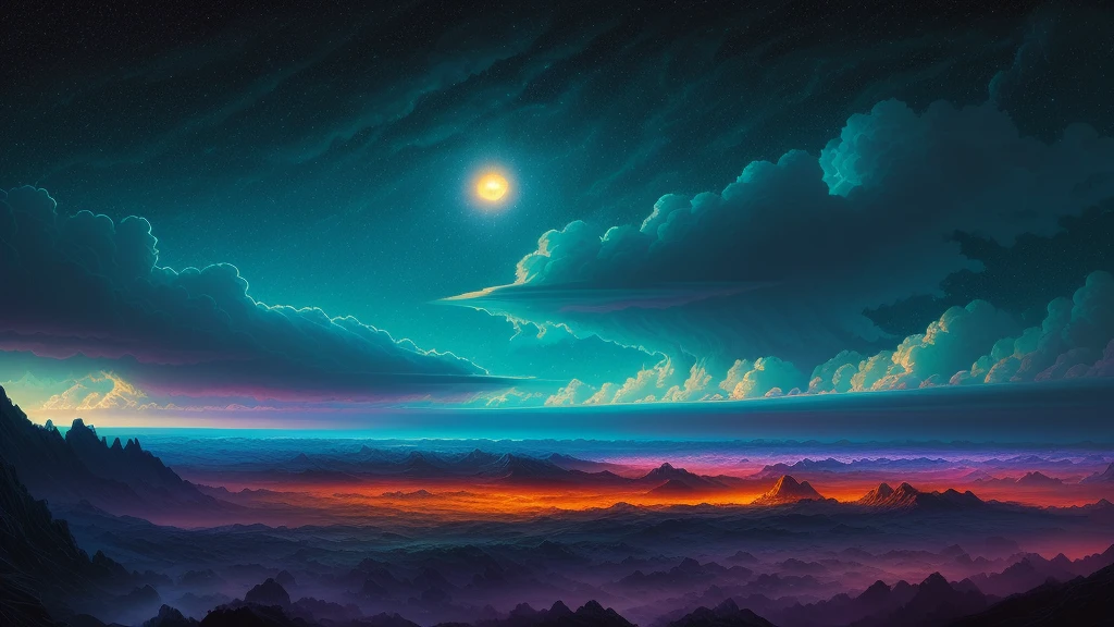 illustration of jupiter clouds by dan mumford, alien landscape and vegetation, epic scene, a lot of swirling clouds, high exposure, highly detailed, realistic, vibrant blue tinted colors, uhd