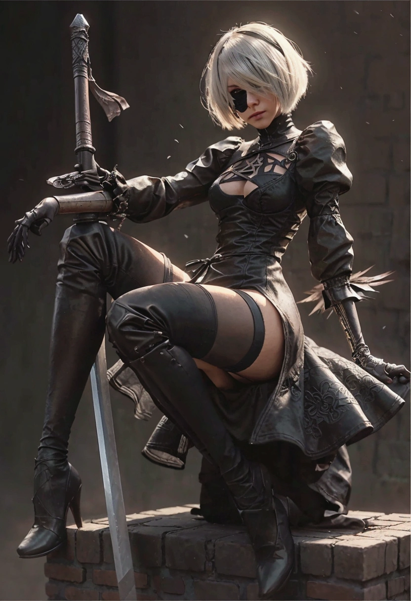 A woman in black clothes is sitting on a brick wall with a sword, 2b, 2b ..., 2B Nier Automata, Magnificent and elaborate character art, Nier Automata 2b, 2b ... from nier automata, Amazing character art, nier 2b ..., Jan J, Raymond Swanland&#39;s style, Dark fantasy art, Highly detailed art gems