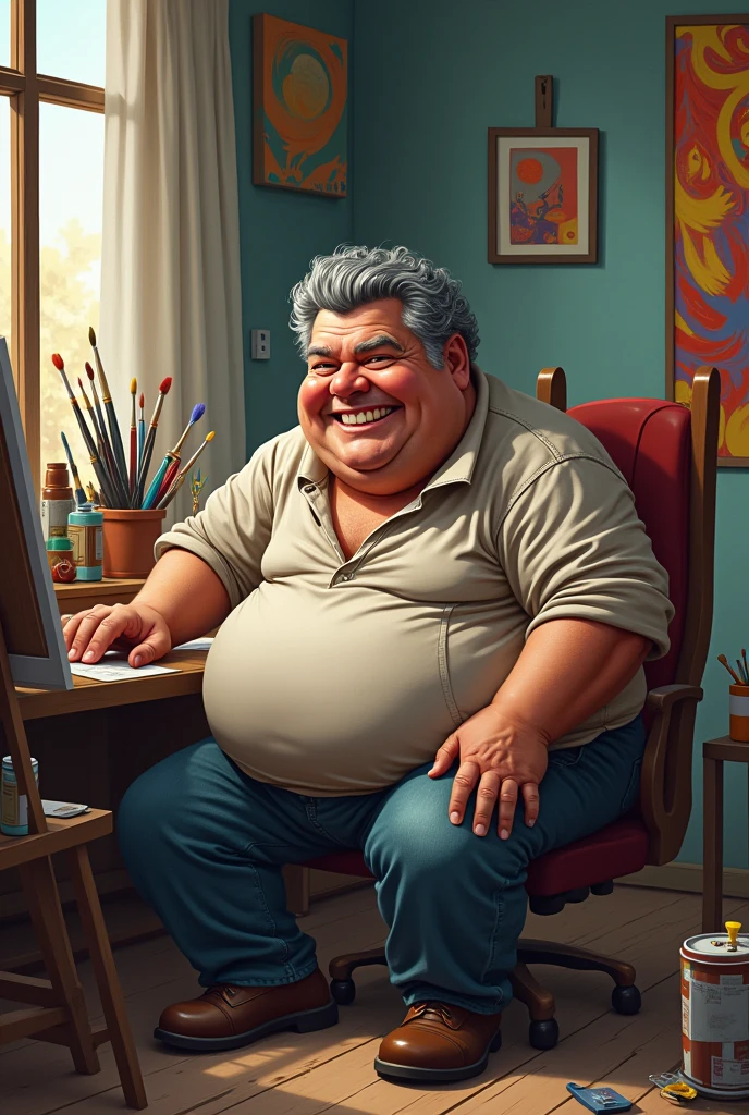 50 years old man, plumpness, sitting in a painting studio, PAINTING A PICTURE, Grinning. He is gray with curly hair and angry.