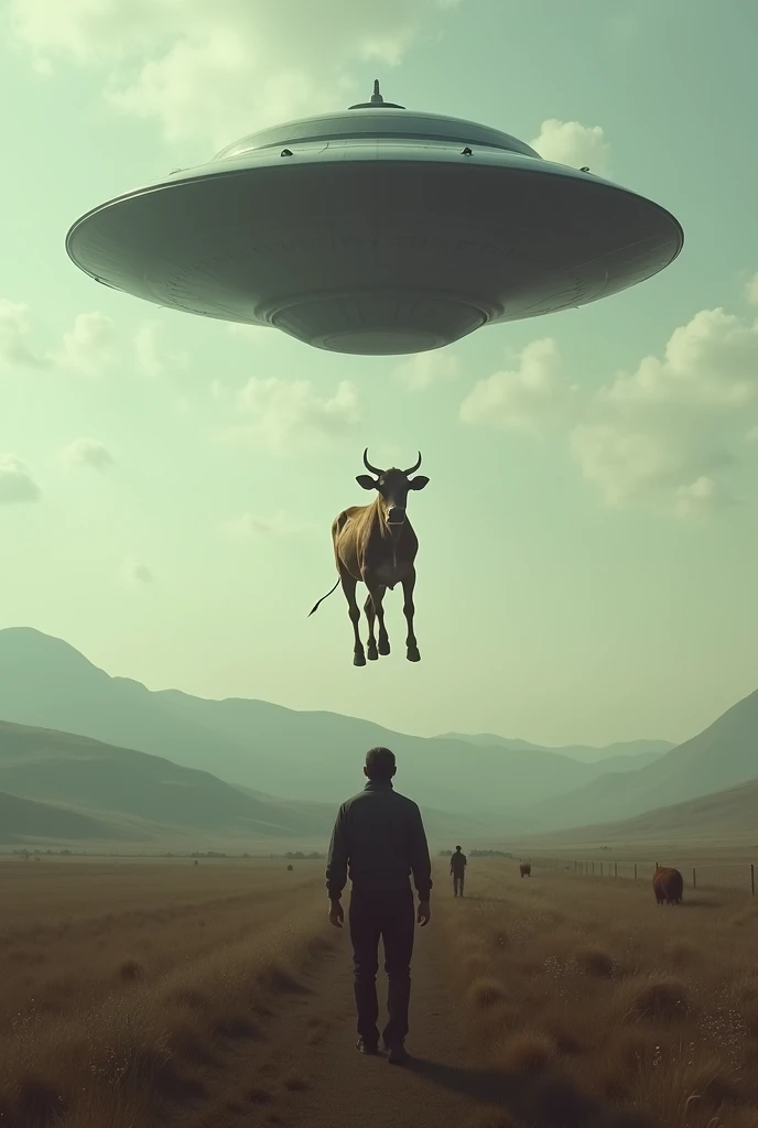 Alien ship abducting a cow that is already high up 