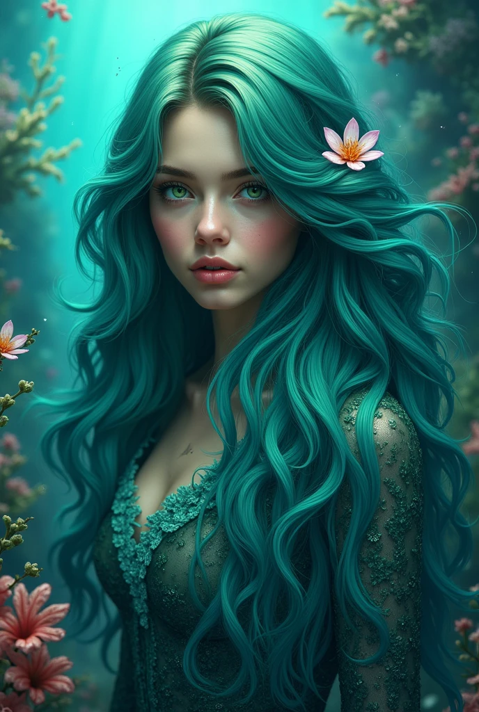 A young woman with long, thick, beautiful hair has a turquoise hair color that can create an ombre from the green at the roots. Gradually descend to blue at the ends of the hair in order between green and blue to reach the medium. Deep and lively under the sea