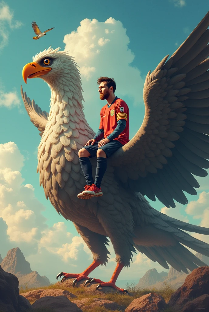 Messi is sitting up a big bird